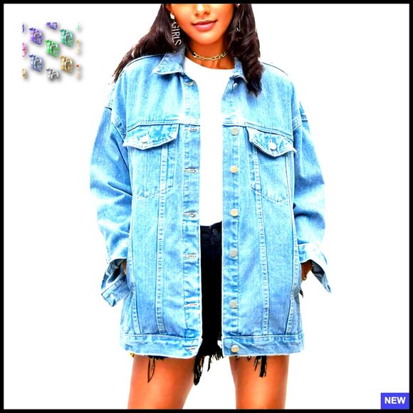 Oversized Denim Jacket Biker Coat Mid Length Boyfriend Style Casual
